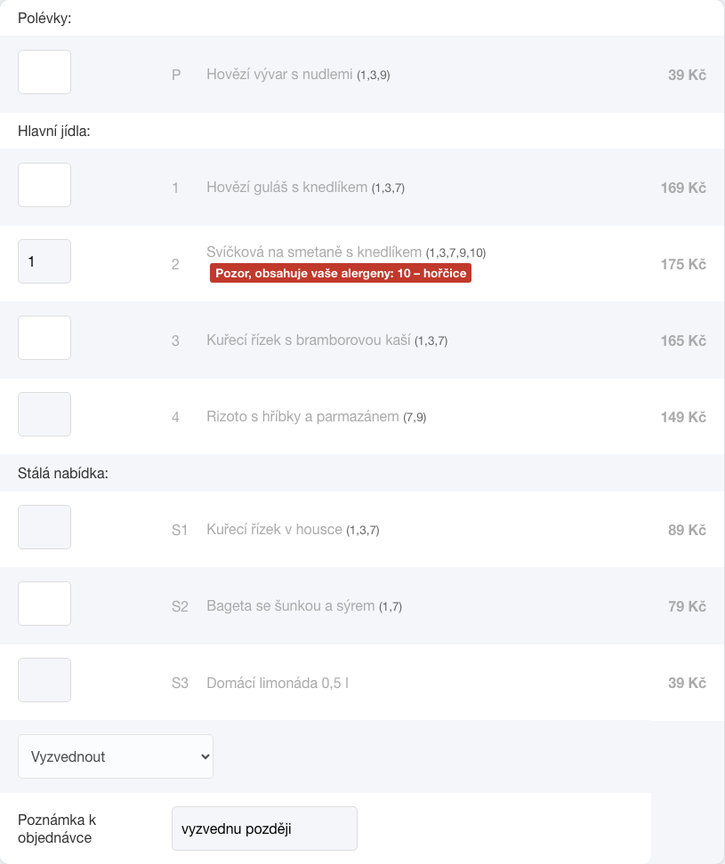 Upozornění na alergen strávníka u jídla v objednávce