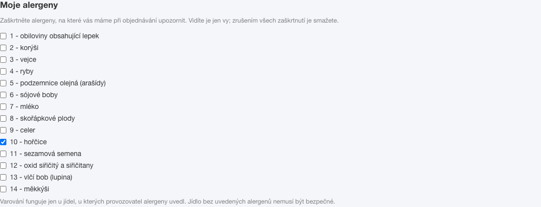 Sekce Moje alergeny v profilu strávníka